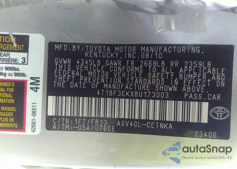 2011 Toyota Camry Le from USA, damaged, VIN 4T1BF3EKXBU173003